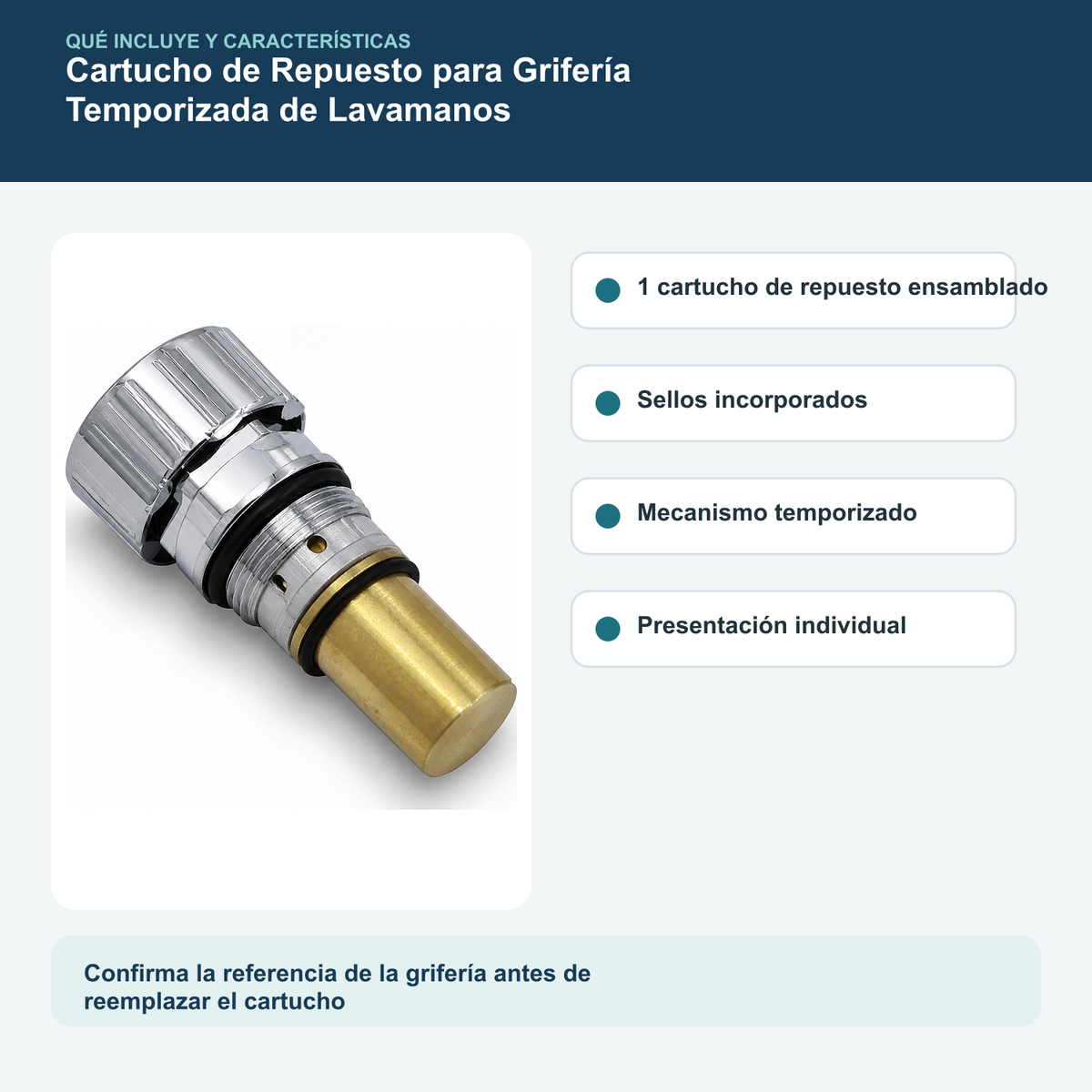 Contenido y características del cartucho de repuesto para grifería temporizada de lavamanos