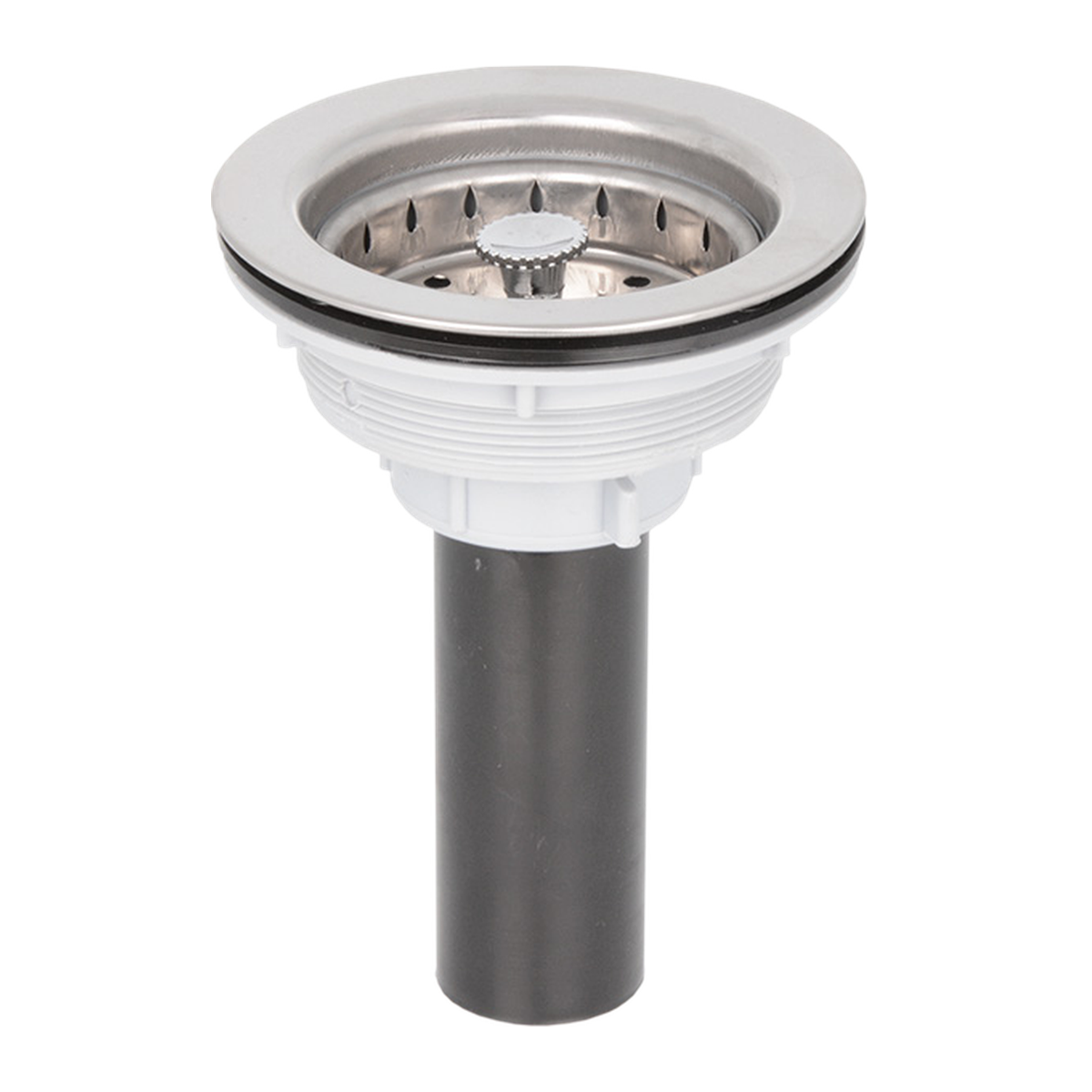 Canastilla para lavaplatos inox-inox de 4 pulgadas sobre fondo blanco. Acero inoxidable.