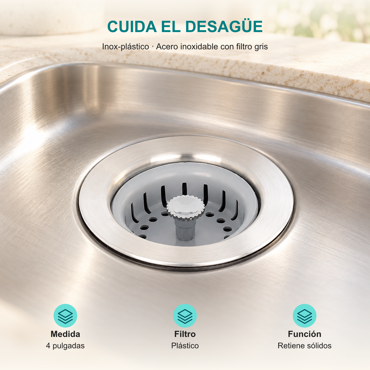 Canastilla para lavaplatos inox-plástico de 4 pulgadas: Medida: 4 pulgadas; Filtro: Plástico; Función: Retiene sólidos.