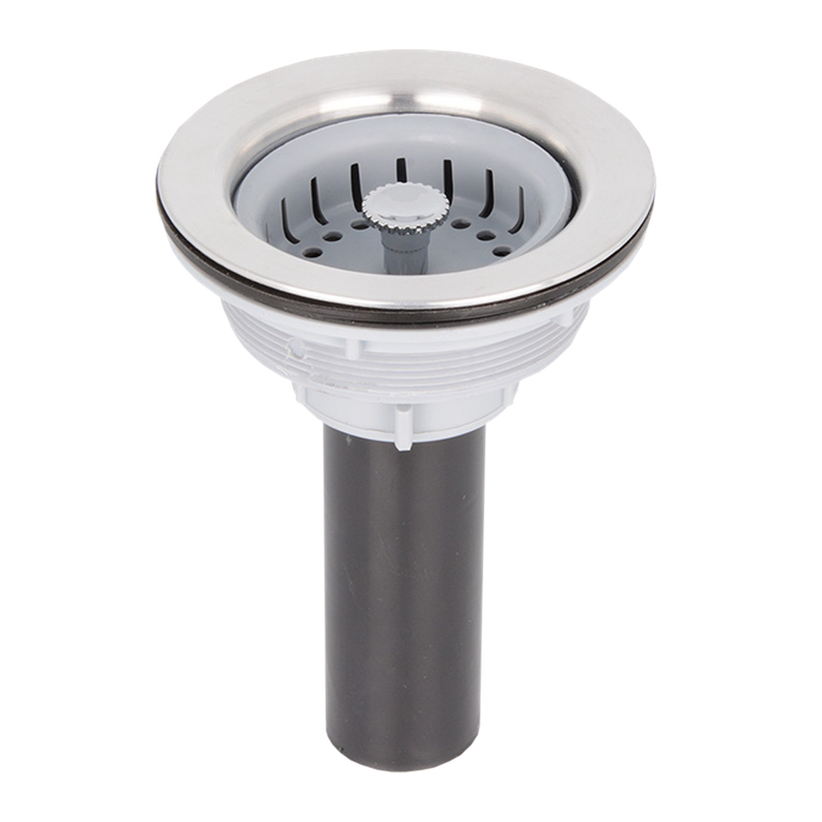 Canastilla para lavaplatos clásica aluminio de 4 pulgadas sobre fondo blanco. Aluminio con filtro gris.