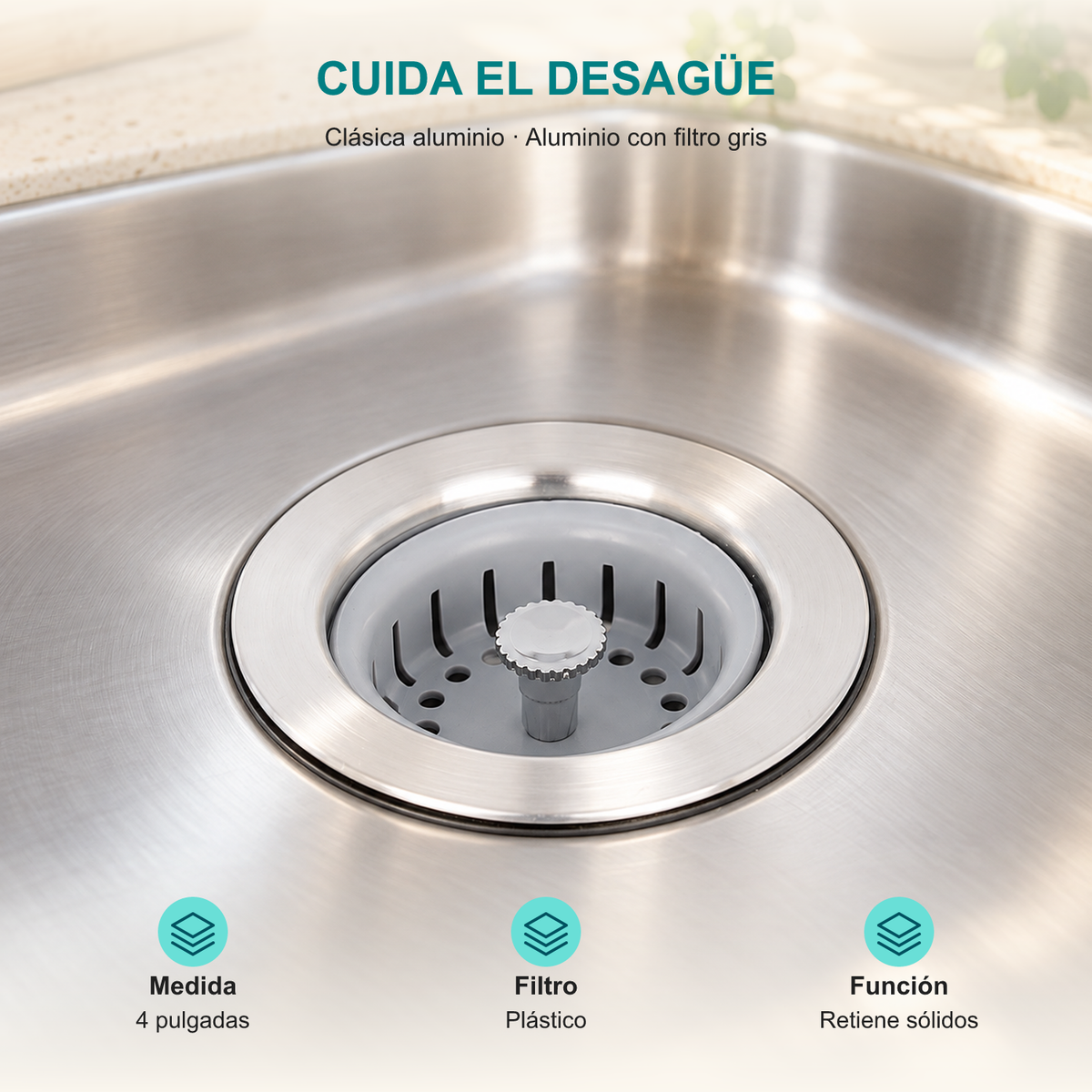 Canastilla para lavaplatos clásica aluminio de 4 pulgadas: Medida: 4 pulgadas; Filtro: Plástico; Función: Retiene sólidos.