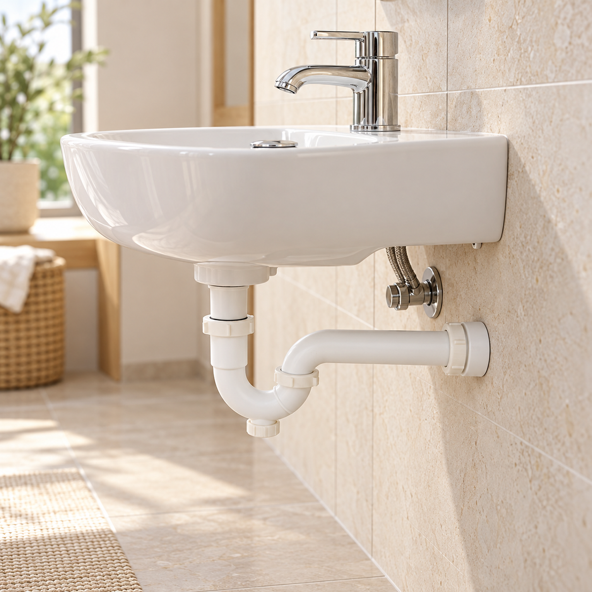 Sifón en P blanco nieve con adaptador de 1¼ y 1½ pulgadas en una escena de baño. Instalación ilustrativa; los demás elementos no están incluidos.