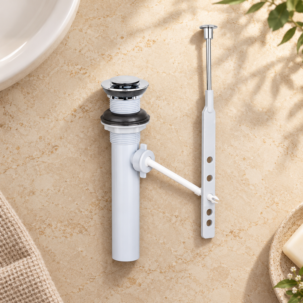 Desagüe automático cromado con varilla para lavamanos en una escena de baño. Componentes sueltos antes de instalar.