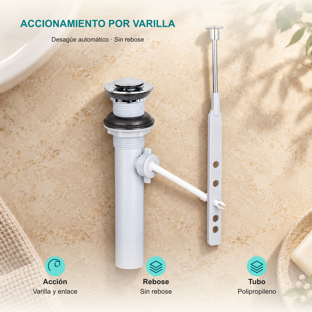 Desagüe automático cromado con varilla para lavamanos: Acción: Varilla y enlace; Rebose: Sin rebose; Tubo: Polipropileno.
