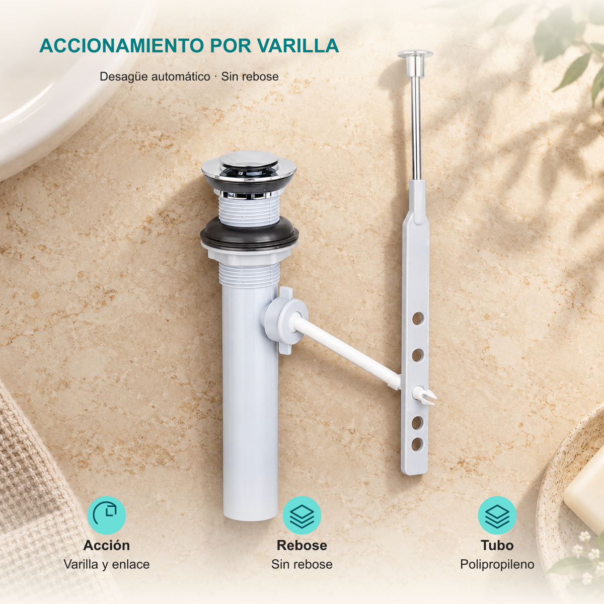 Desagüe automático cromado con varilla para lavamanos: Acción: Varilla y enlace; Rebose: Sin rebose; Tubo: Polipropileno.