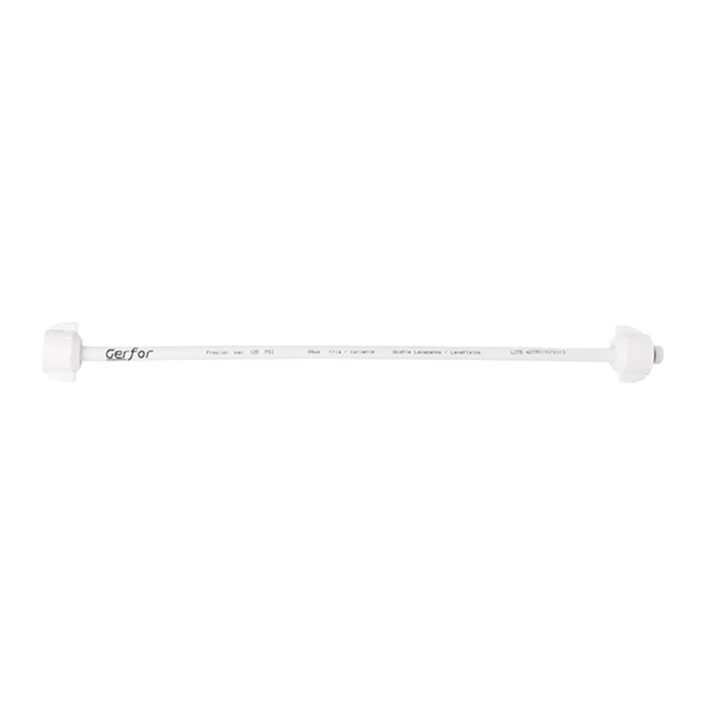Acople flexible para lavamanos y lavaplatos de 40 cm y ½ × ½ pulgada sobre fondo blanco. Blanco.