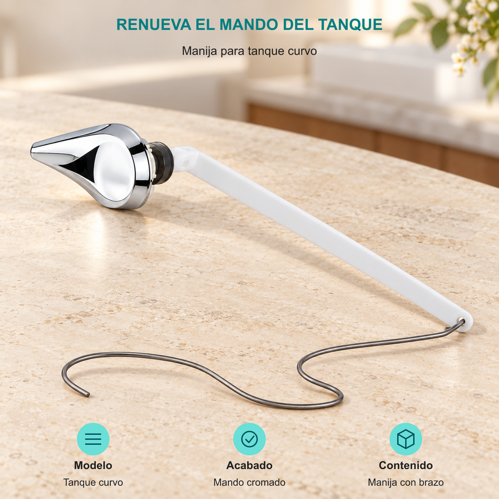 Manija para tanque curvo. Modelo: Tanque curvo. Acabado: Mando cromado. Contenido: Manija con brazo.
