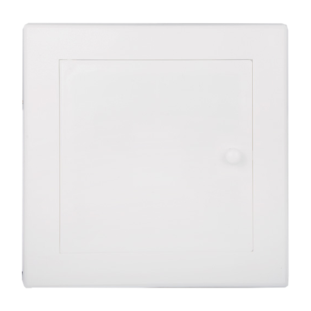 Tapa de registro blanca de 144 × 144 mm sobre fondo blanco. Blanco.