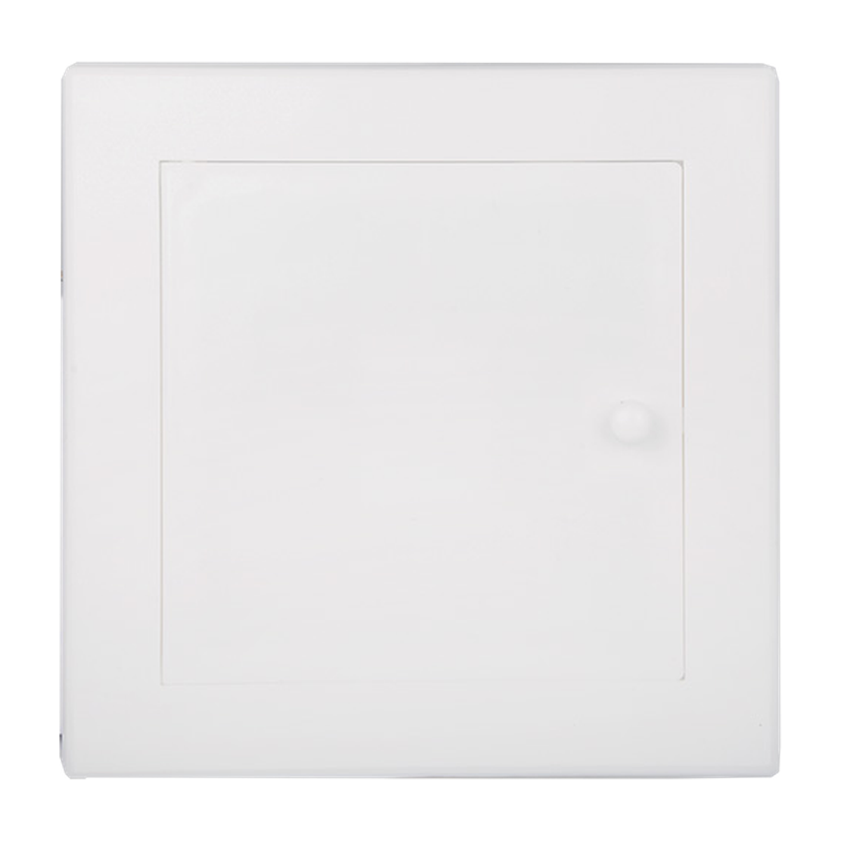 Tapa de registro blanca de 144 × 144 mm sobre fondo blanco. Blanco.