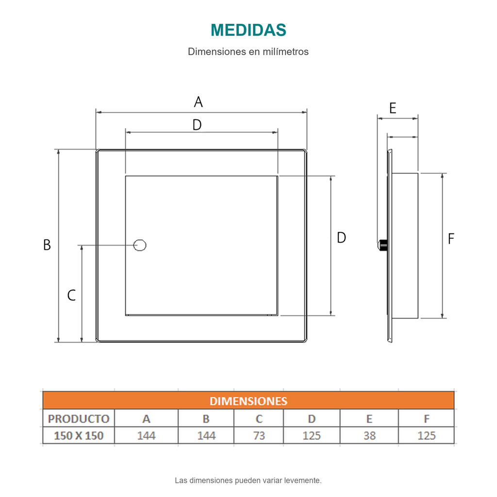 Croquis original de tapa de registro blanca de 144 × 144 mm, con sus cotas originales sin repasar trazos.