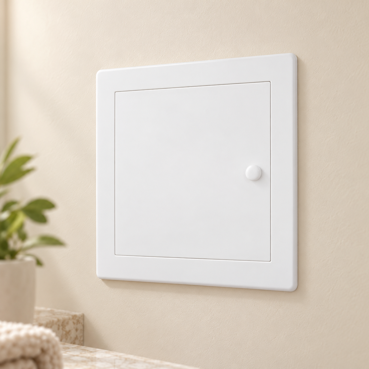Tapa de registro blanca de 144 × 144 mm. Detalle instalado del producto y sus fijaciones.