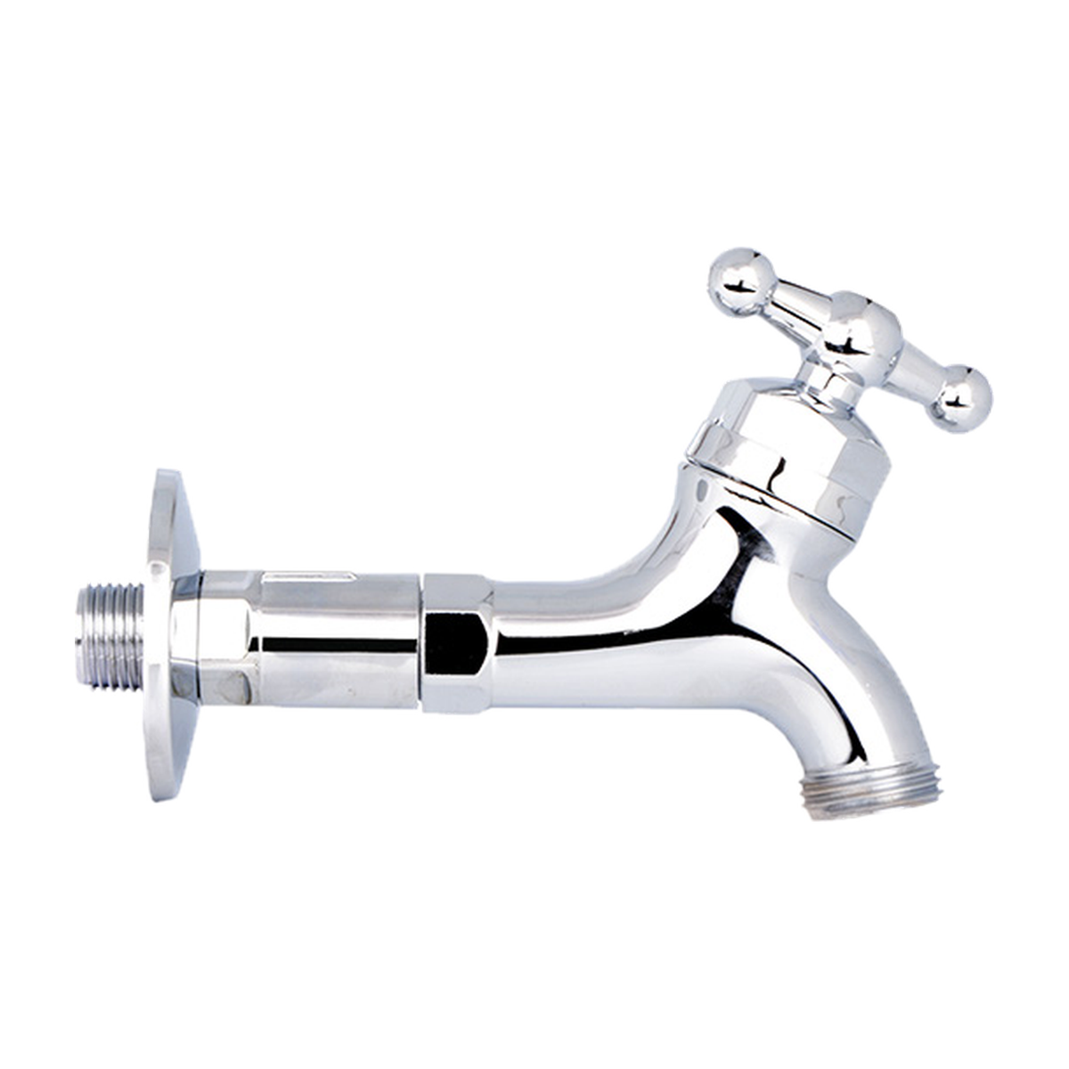 Llave para manguera plástica con extensión cromada de media pulgada sobre fondo blanco. Cromado.