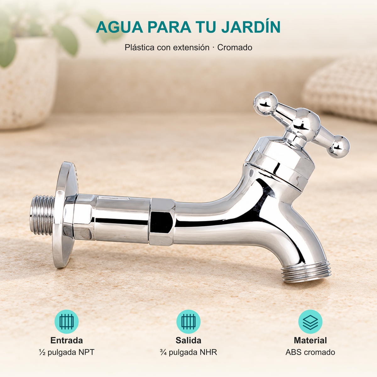 Llave para manguera plástica con extensión cromada de media pulgada: Entrada: ½ pulgada NPT; Salida: ¾ pulgada NHR; Material: ABS cromado.