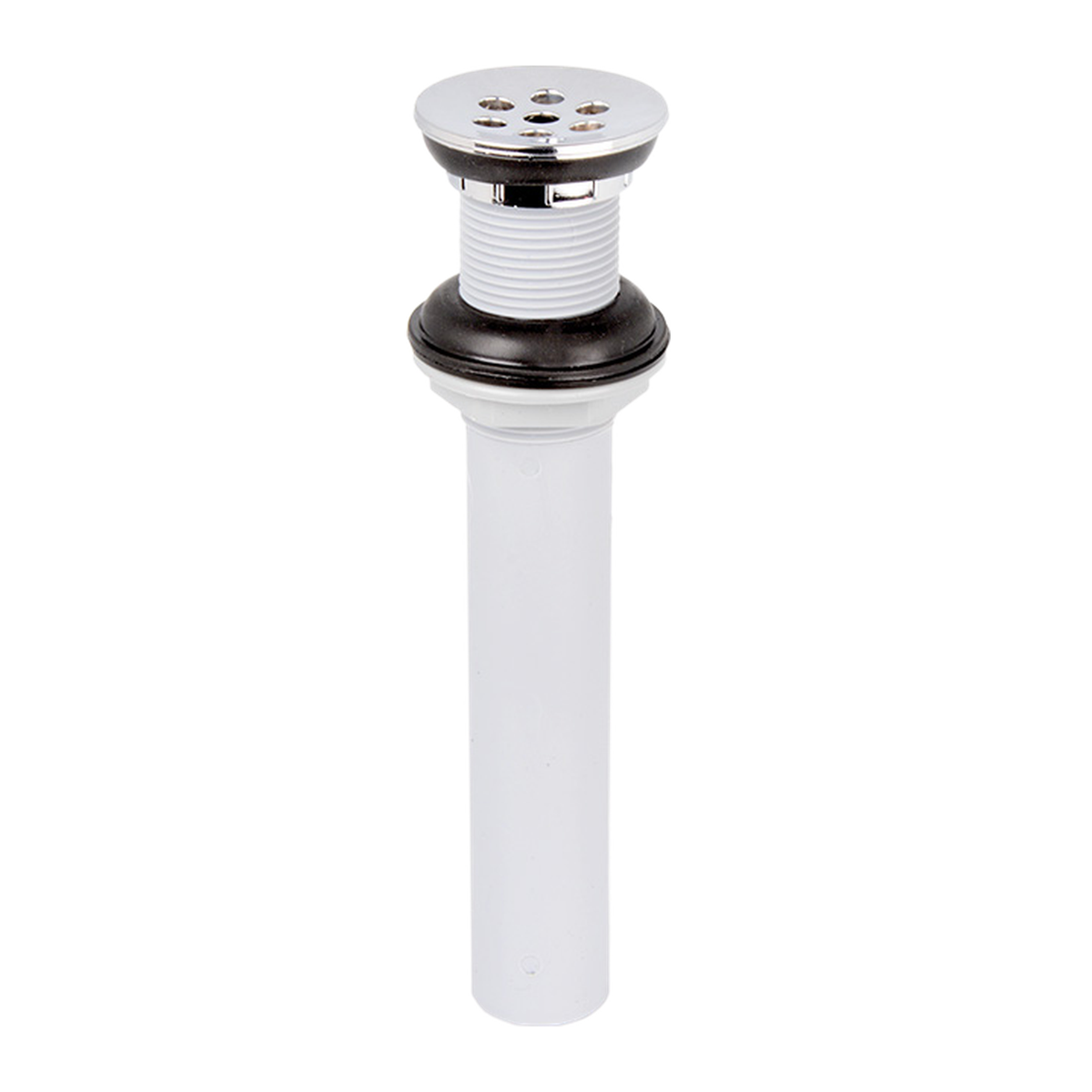 Desagüe sencillo sin rebose y salida de 31,7 mm sobre fondo blanco. Rejilla cromada y tubo blanco.