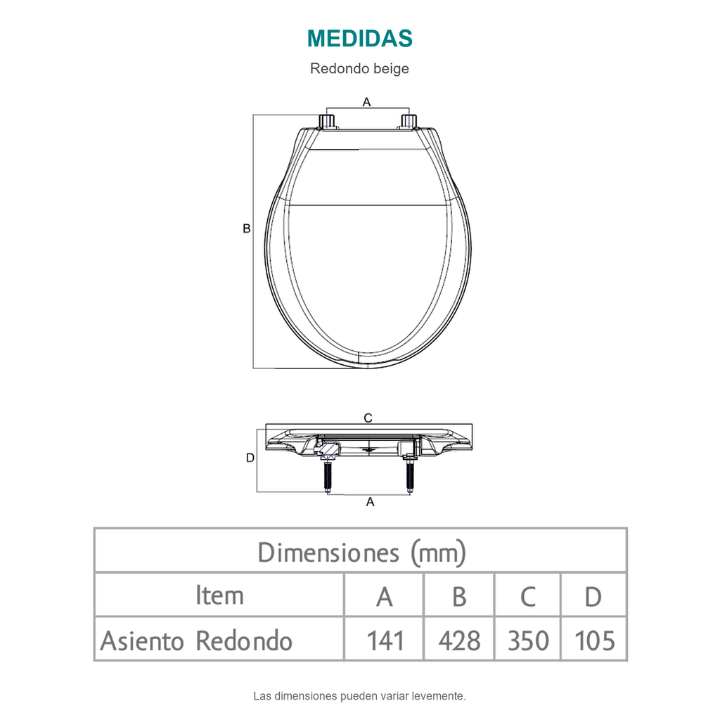 Croquis del asiento sanitario redondo beige. A: 141 mm; B: 428 mm; C: 350 mm; D: 105 mm.