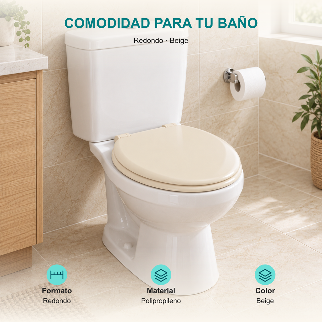Asiento sanitario redondo Redondo: Formato: Redondo; Material: Polipropileno; Color: Beige.