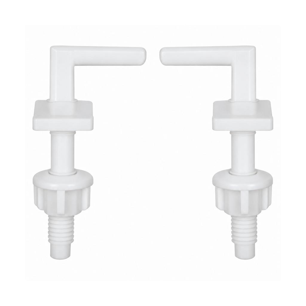 Kit de herrajes para asiento sanitario redondo x 2 sobre fondo blanco, producto completo.