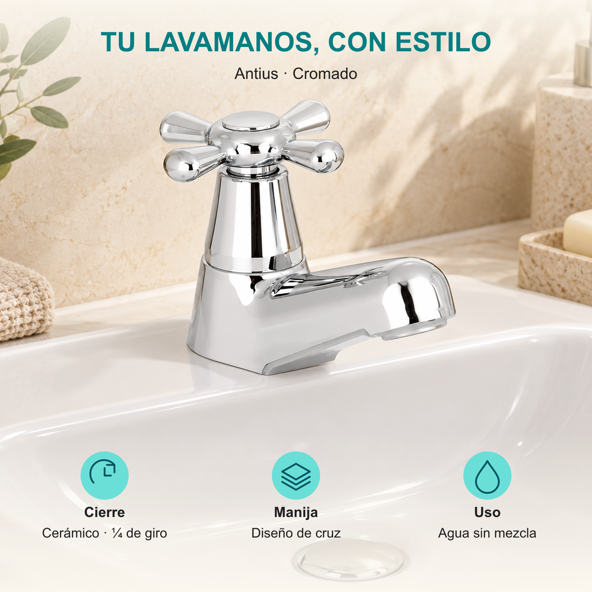 Llave individual para lavamanos Antius: Cierre: Cerámico · ¼ de giro; Manija: Diseño de cruz; Uso: Agua sin mezcla.