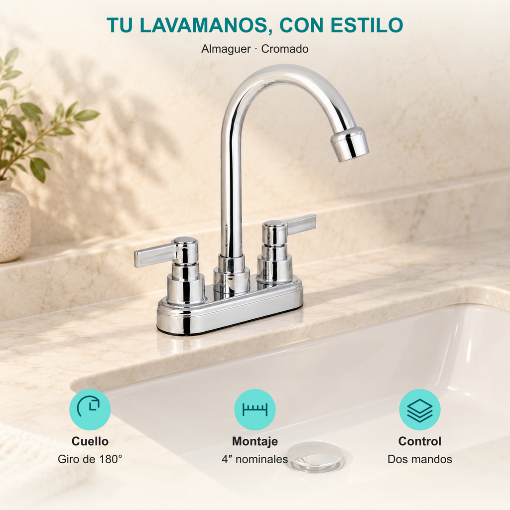 Mezclador de lavamanos Almaguer: Cuello: Giro de 180°; Montaje: 4″ nominales; Control: Dos mandos.