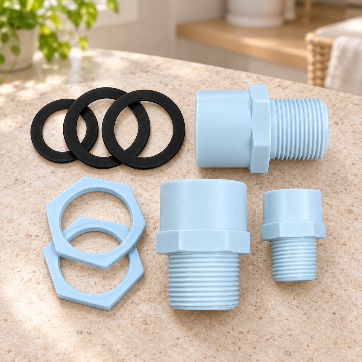 Kit de accesorios PVC para tanque alto suelto sobre piedra cálida antes de instalar; accesorios del ambiente no incluidos.