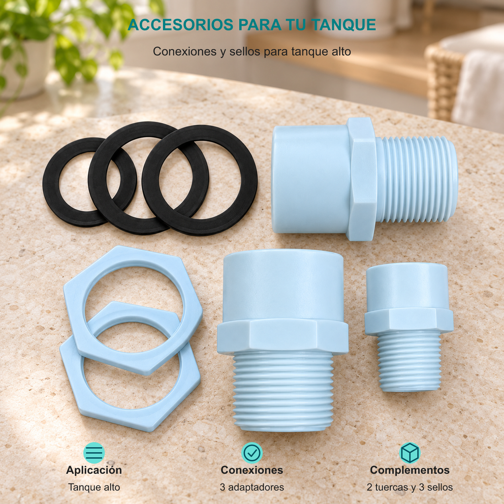 Conexiones y sellos para tanque alto. Aplicación: Tanque alto. Conexiones: 3 adaptadores. Complementos: 2 tuercas y 3 sellos.