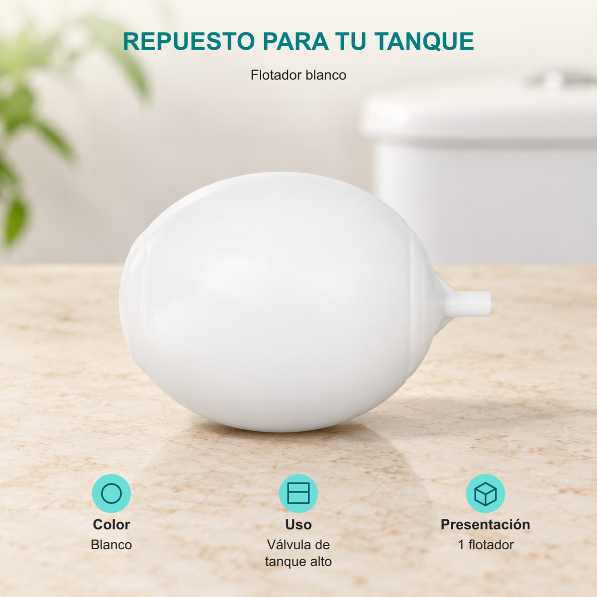 Flotador blanco: para válvula de tanque alto; presentación individual de un flotador.