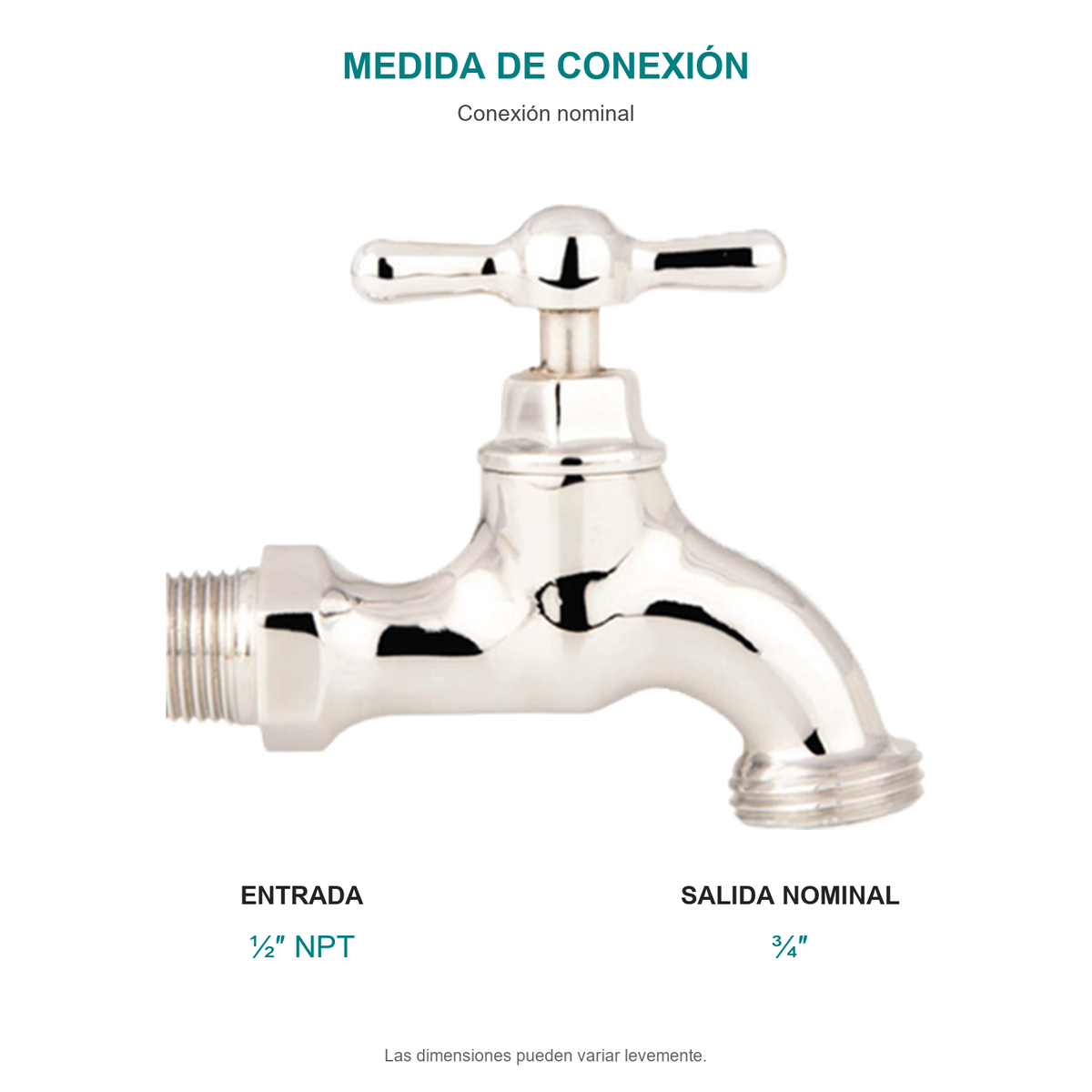 Conexión nominal de llave para manguera pesada cromada de media pulgada: entrada de media pulgada NPT. No representa dimensiones generales.