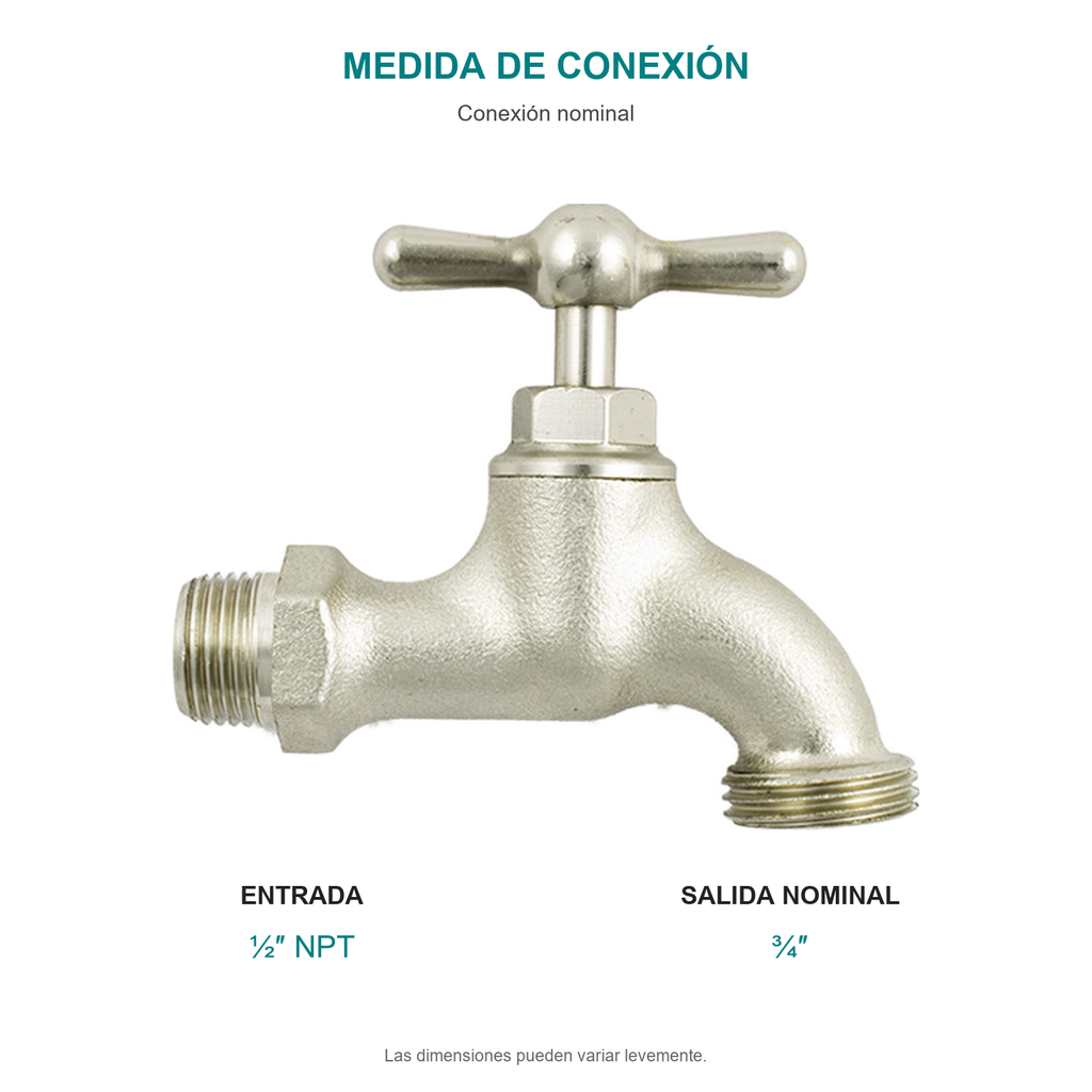 Conexión nominal de llave para manguera pesada satín de media pulgada: entrada de media pulgada NPT. No representa dimensiones generales.