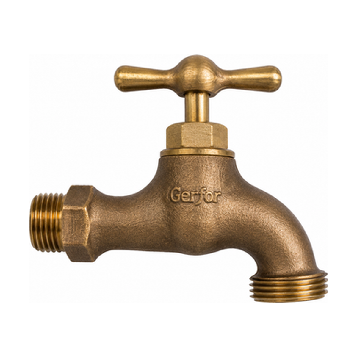 Llave para manguera pesada de latón de media pulgada. Fotografía de referencia aportada por el usuario sobre fondo blanco; latón con textura rugosa.