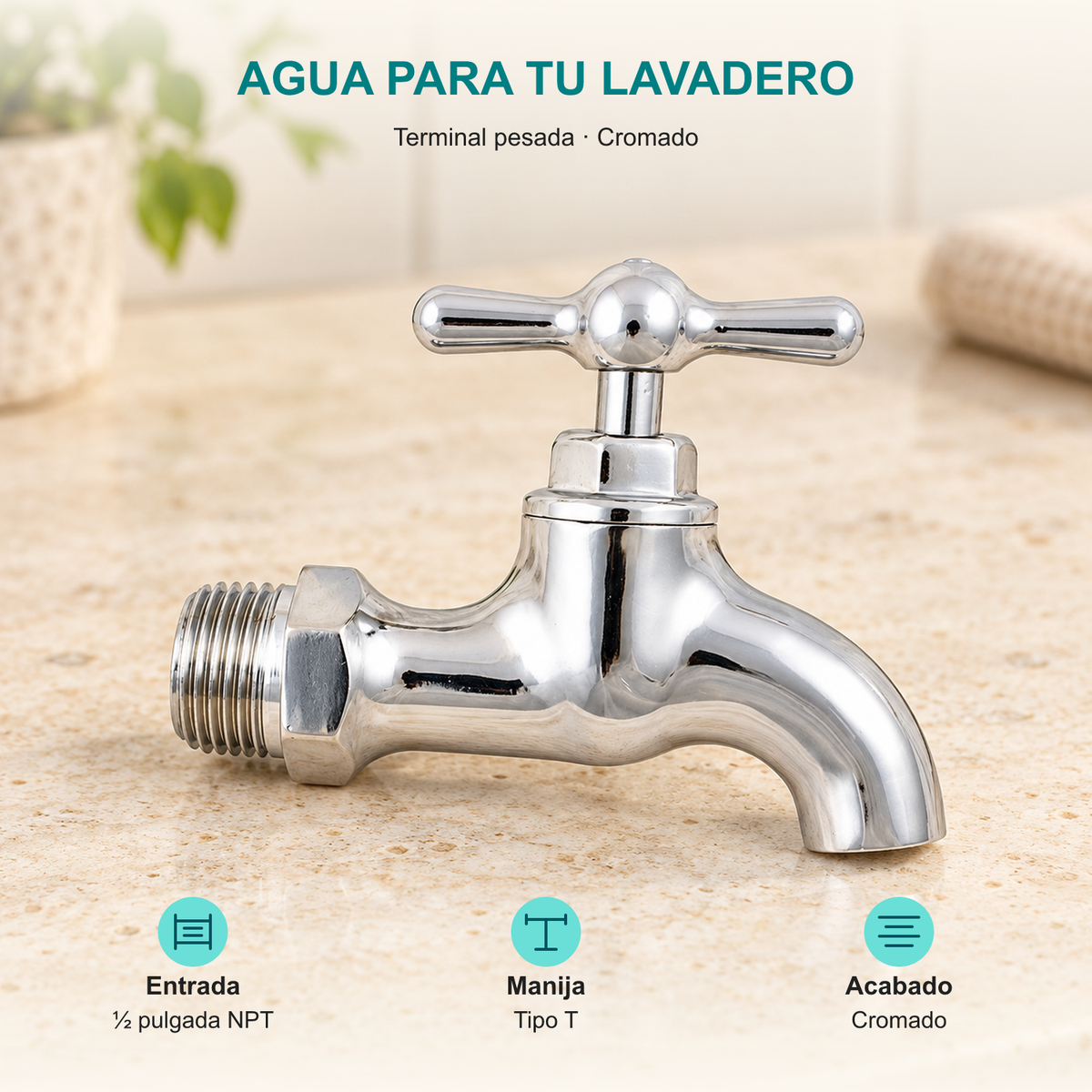 Llave terminal pesada cromada de media pulgada: Entrada: ½ pulgada NPT; Manija: Tipo T; Acabado: Cromado.