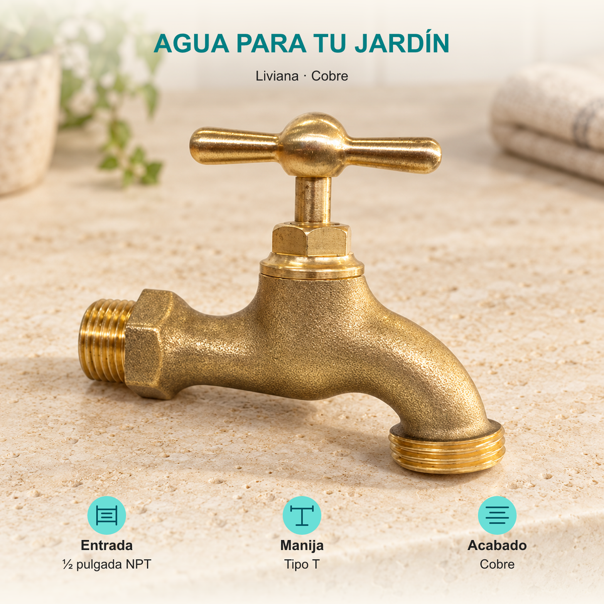 Llave para manguera liviana con acabado cobre de media pulgada: Entrada: ½ pulgada NPT; Manija: Tipo T; Acabado: Cobre.