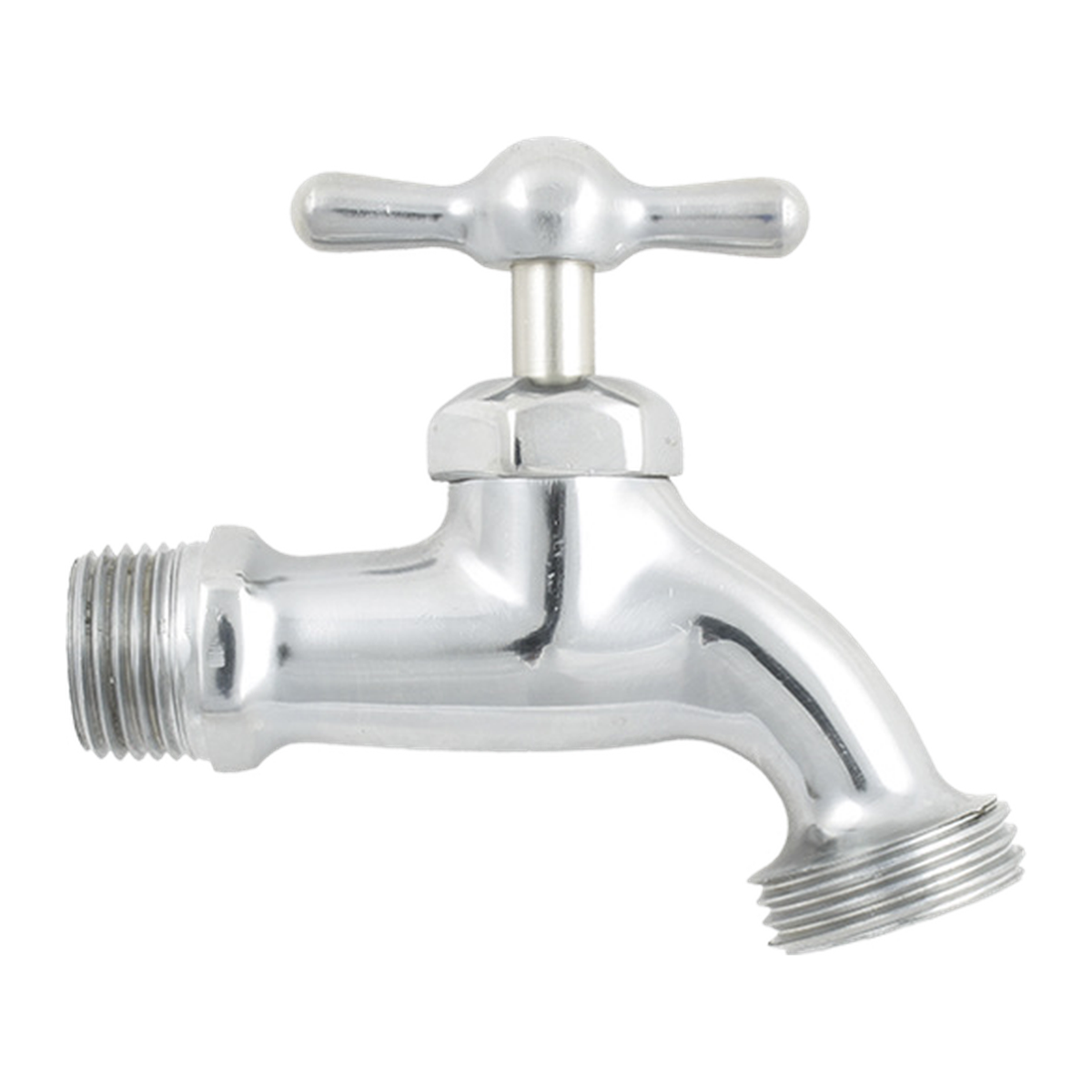 Llave para manguera liviana cromada de media pulgada sobre fondo blanco. Cromado.