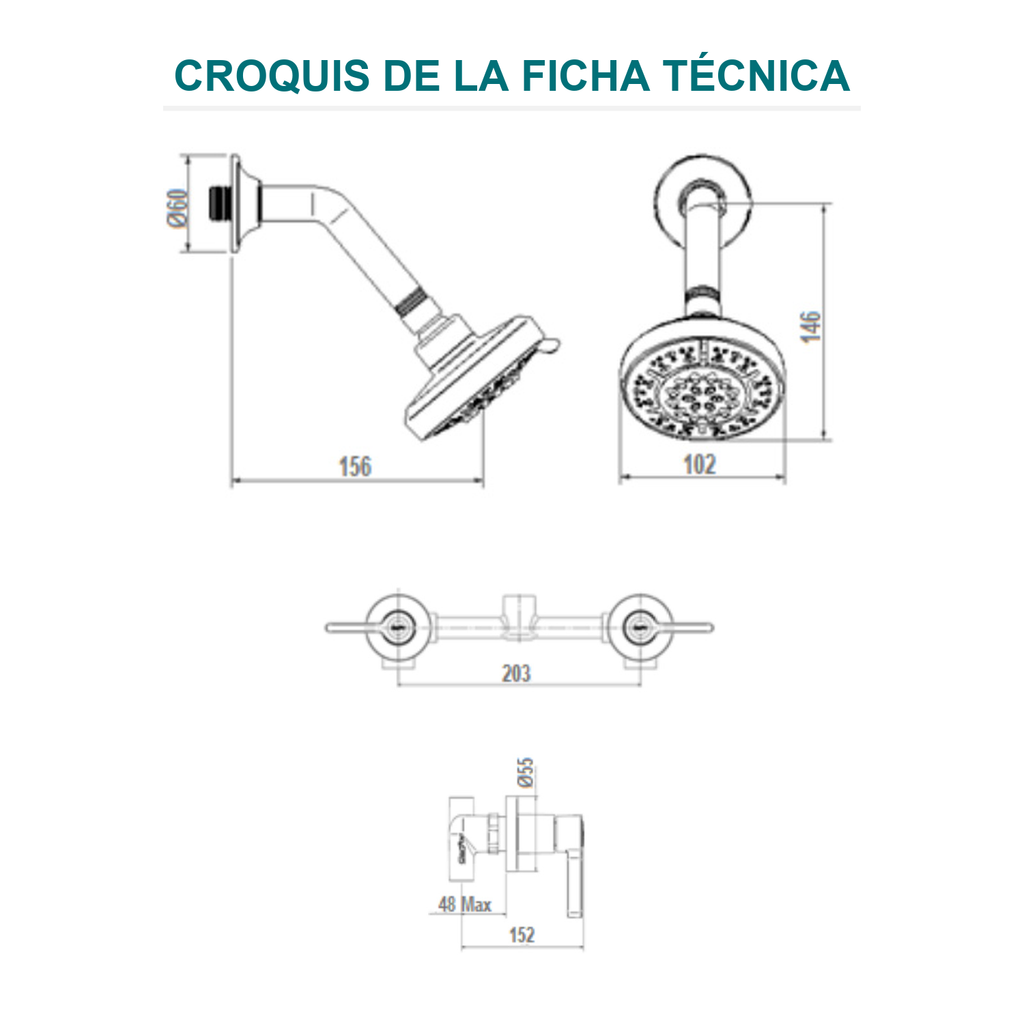 Conjunto mezclador de ducha Almaguer de 8 pulgadas cromado — croquis original