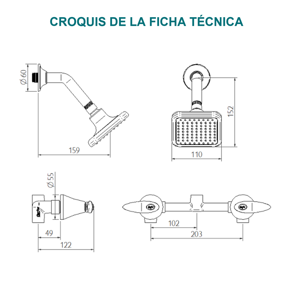 Conjunto mezclador de ducha Antius de 8 pulgadas cromado — croquis original