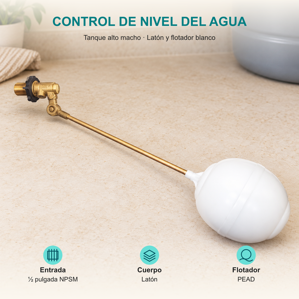 Conjunto de válvula para tanque alto macho de media pulgada: Entrada: ½ pulgada NPSM; Cuerpo: Latón; Flotador: PEAD.