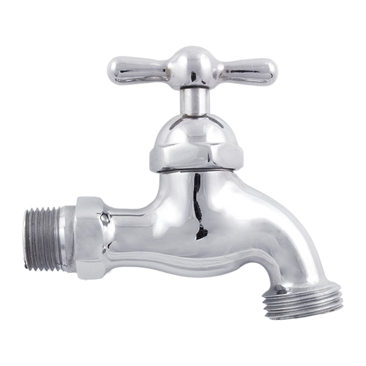 Llave para manguera superpesada cromada de media pulgada sobre fondo blanco. Cromado.