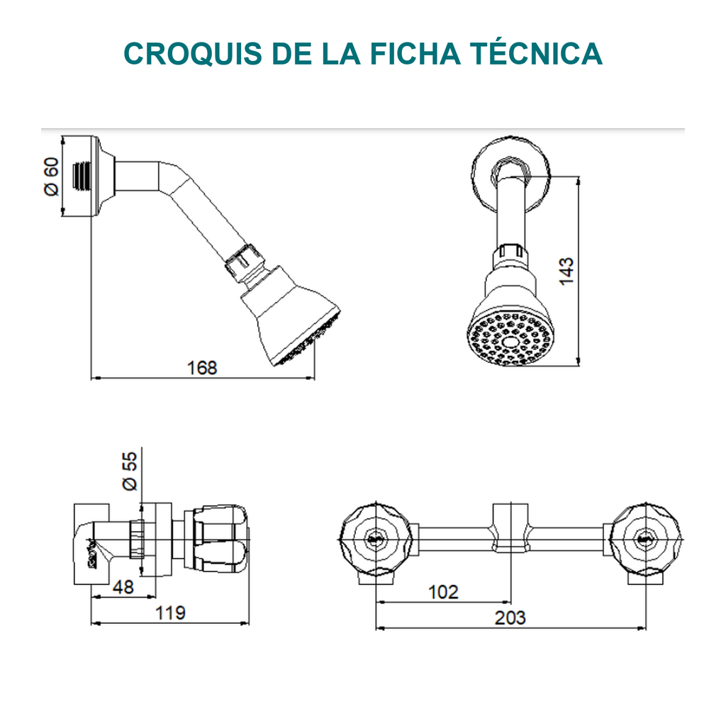 Conjunto mezclador de ducha Aqua de 8 pulgadas cromado — croquis original