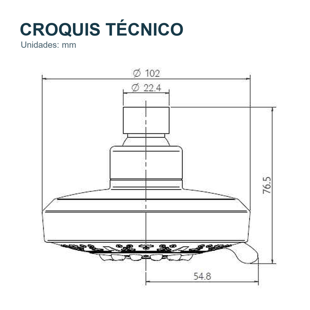 Croquis técnico de Regadera para ducha Alba de 5 funciones cromada