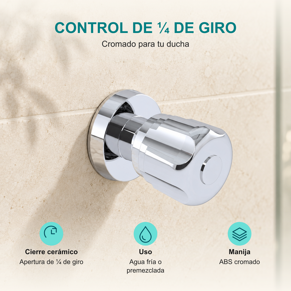 Registro Aqua cromado: cierre cerámico de un cuarto de giro, uso con agua fría o premezclada y manija de ABS cromado.