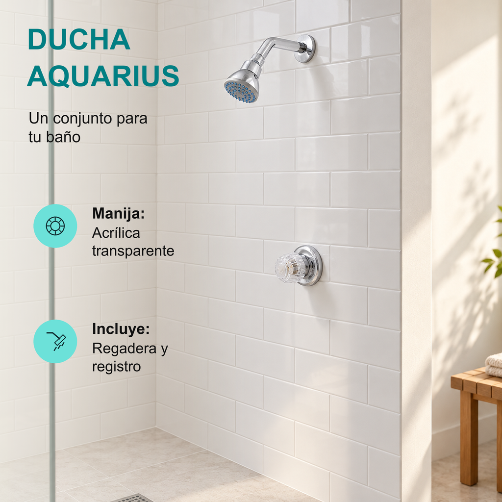 Conjunto de ducha Aquarius: manija acrílica transparente, regadera y registro instalados en un baño luminoso