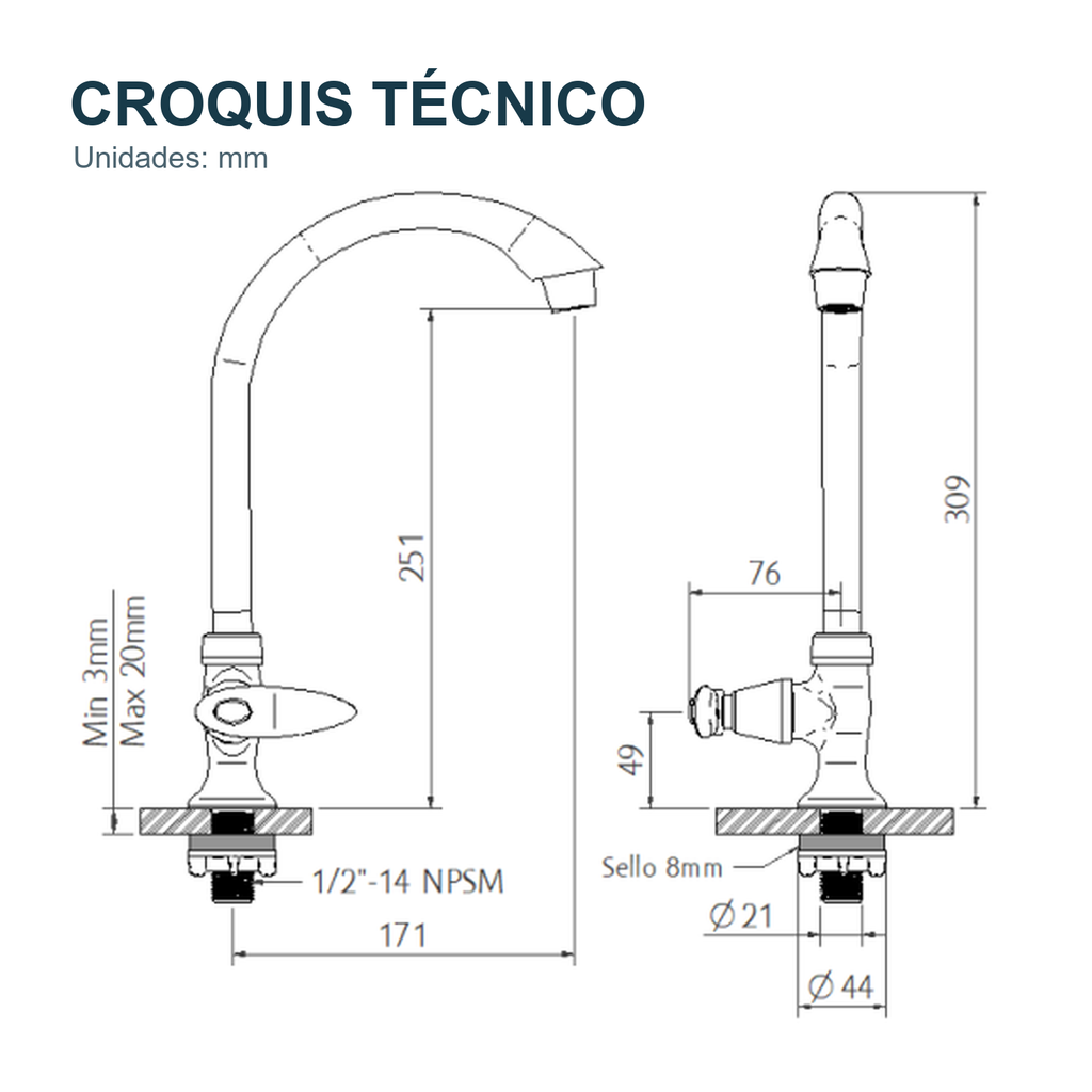 Croquis técnico de Llave individual para lavaplatos de mesa Slim Bianca blanca