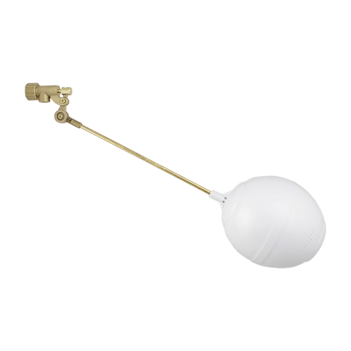 Conjunto de válvula para tanque alto hembra de 1 pulgada sobre fondo blanco. Latón y flotador blanco.