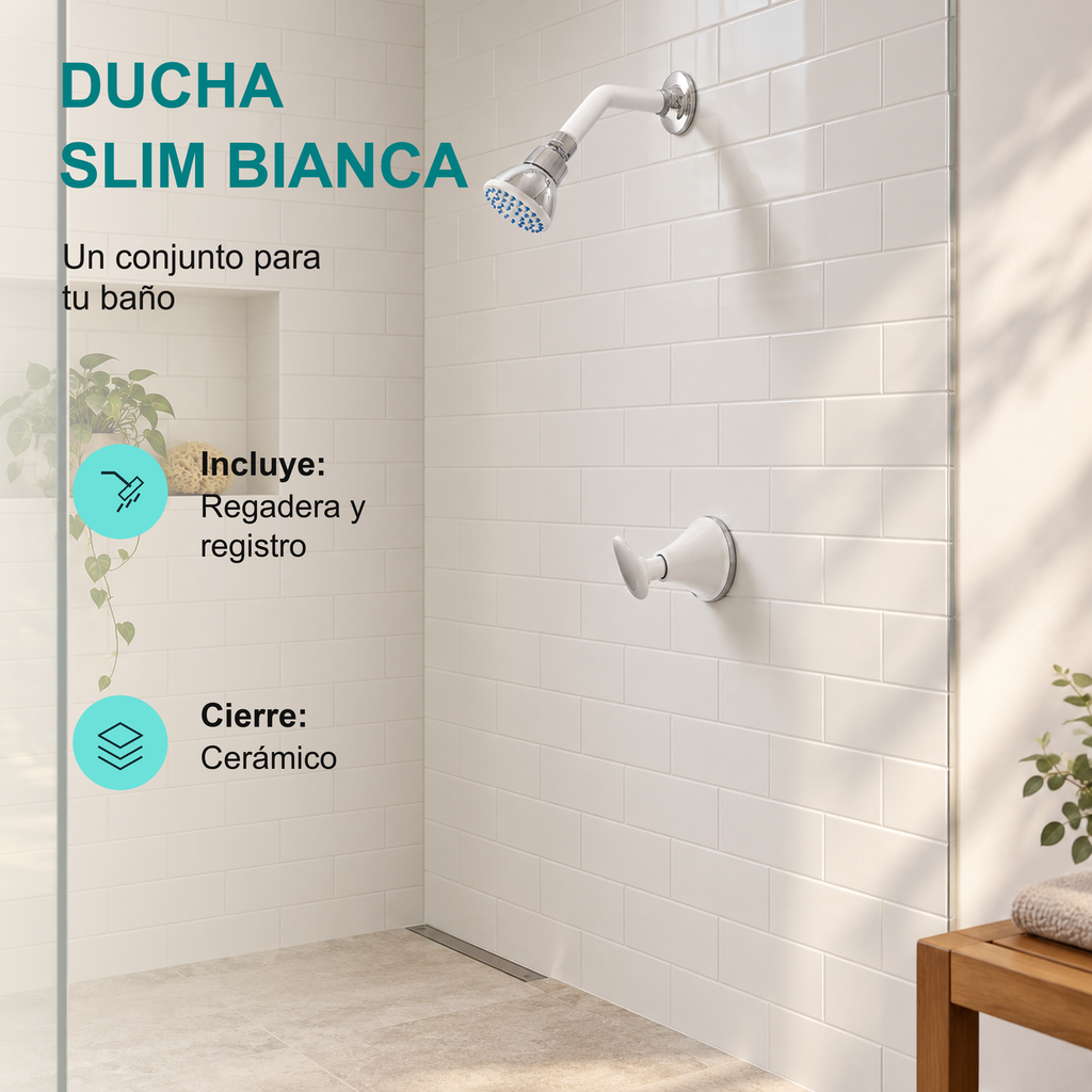 Conjunto de ducha Slim Bianca: regadera y registro con cierre cerámico, instalado en un baño luminoso