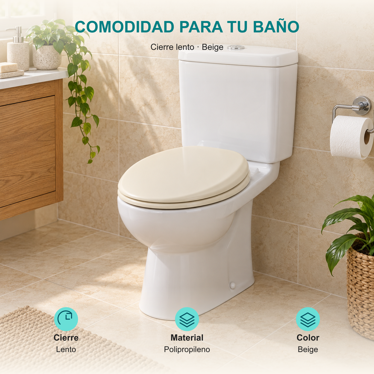 Asiento sanitario redondo Cierre lento: Cierre: Lento; Material: Polipropileno; Color: Beige.