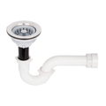 Conjunto de sifón en P con canastilla de aluminio de 110,4 mm sobre fondo blanco. Sifón blanco, tubo negro y canastilla de aluminio con filtro gris.