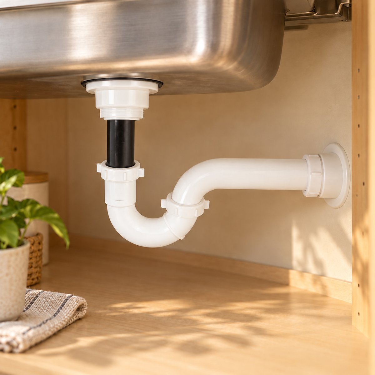Conjunto de sifón en P con canastilla de aluminio de 110,4 mm en una escena de cocina. Instalación ilustrativa; los demás elementos no están incluidos.