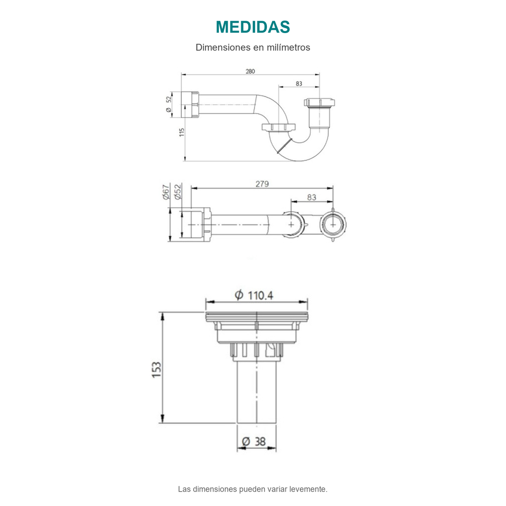 Croquis original de conjunto de sifón en p con canastilla de aluminio de 110,4 mm, con sus cotas originales sin repasar trazos.