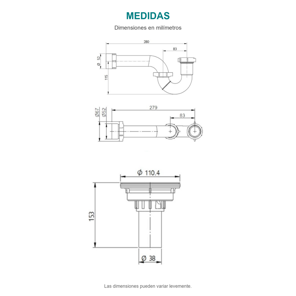 Croquis original de conjunto de sifón en p con canastilla de aluminio de 110,4 mm, con sus cotas originales sin repasar trazos.