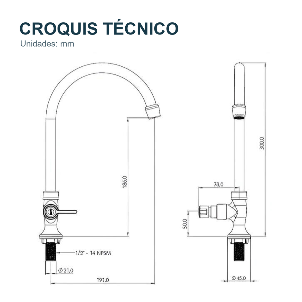 Croquis técnico de Llave individual para lavaplatos de mesa Almaguer negro mate