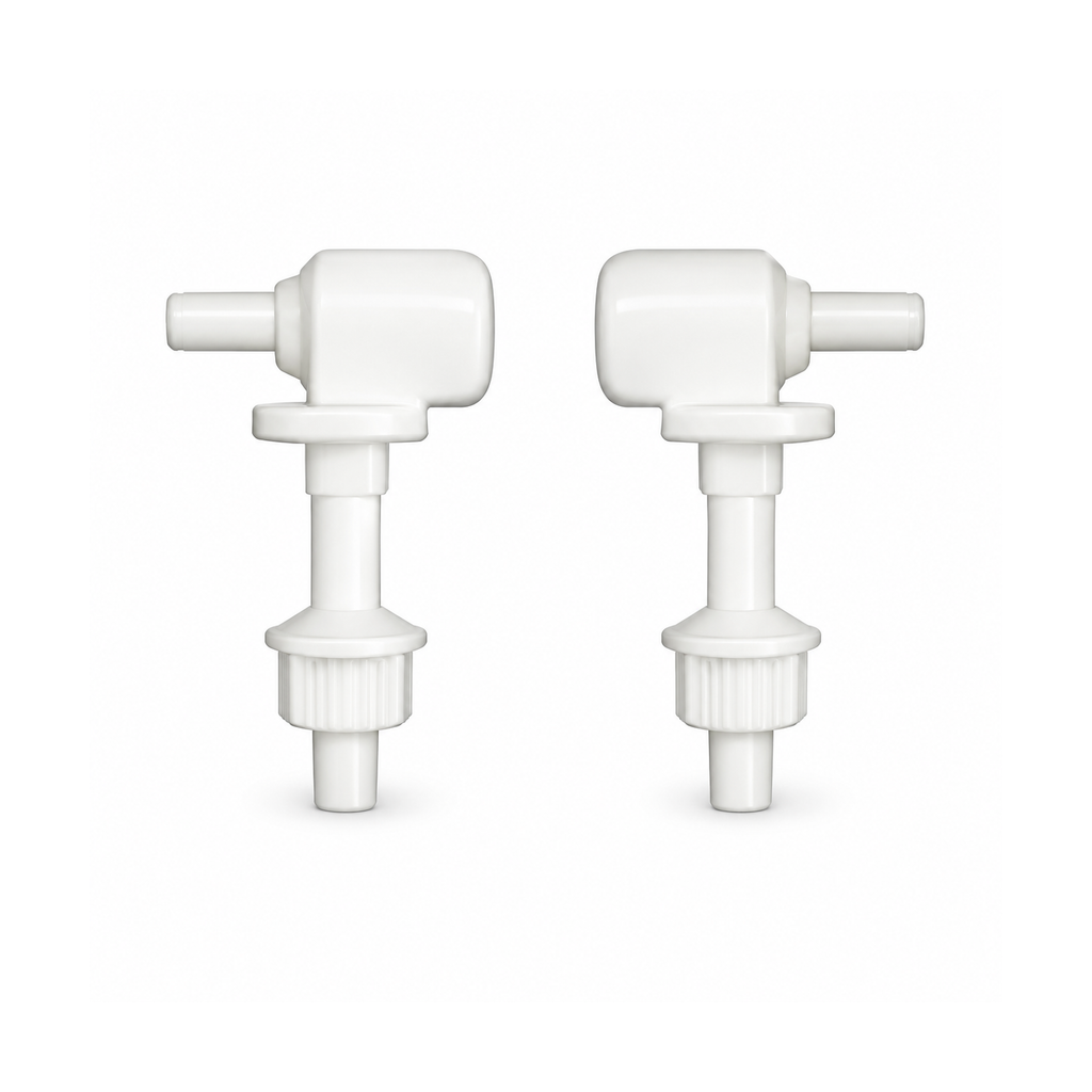 Kit de herrajes para asiento sanitario de cierre lento blanco sobre fondo blanco, producto completo.